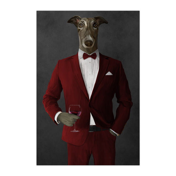 Greyhound Drinking Red Wine Wall Art - Red Suit