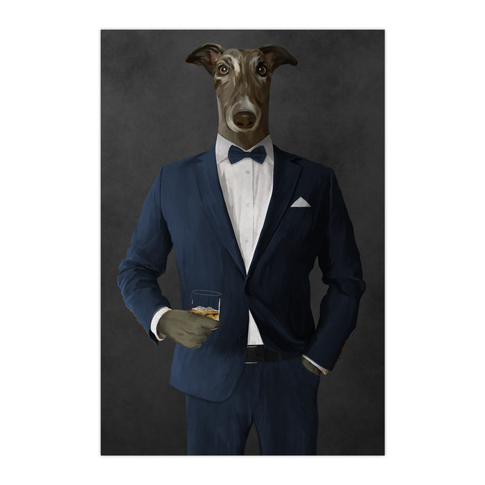 Greyhound Drinking Whiskey Wall Art - Navy Suit