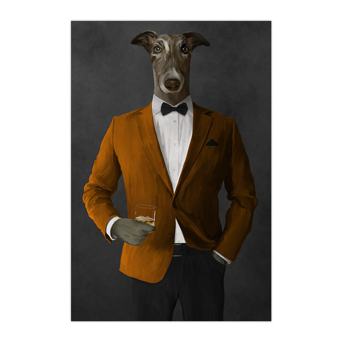 Greyhound Drinking Whiskey Wall Art - Orange and Black Suit