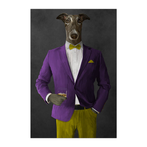 Greyhound Drinking Whiskey Wall Art - Purple and Yellow Suit