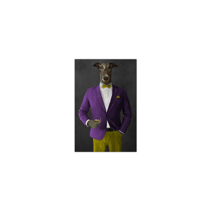 Greyhound Drinking Whiskey Wall Art - Purple and Yellow Suit