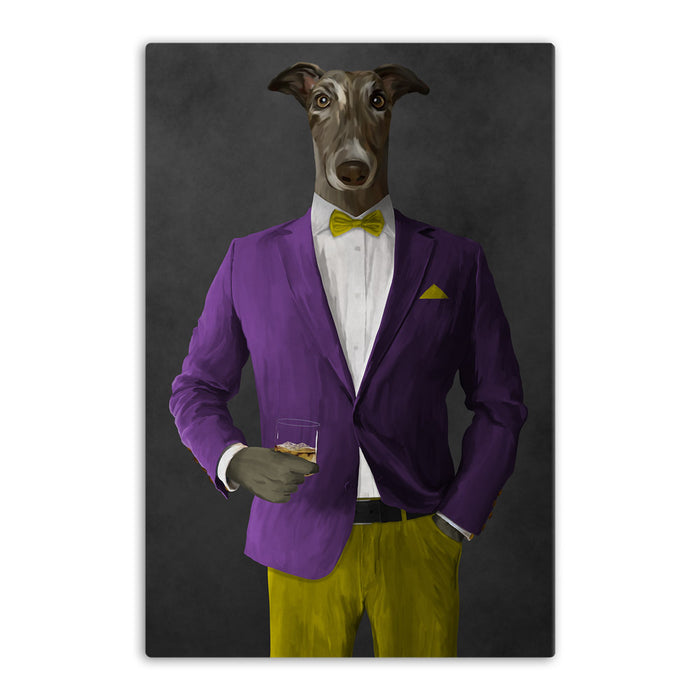 Greyhound Drinking Whiskey Wall Art - Purple and Yellow Suit