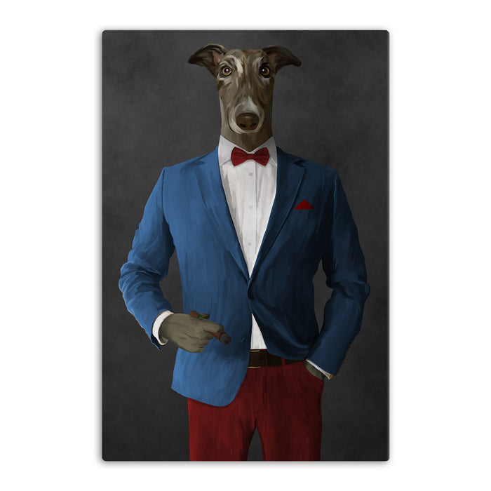 Greyhound Smoking Cigar Wall Art - Blue and Red Suit