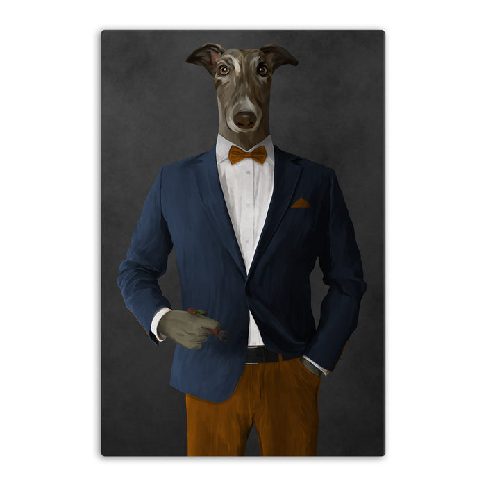 Greyhound Smoking Cigar Wall Art - Navy and Orange Suit