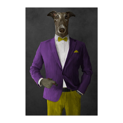 Greyhound Smoking Cigar Wall Art - Purple and Yellow Suit