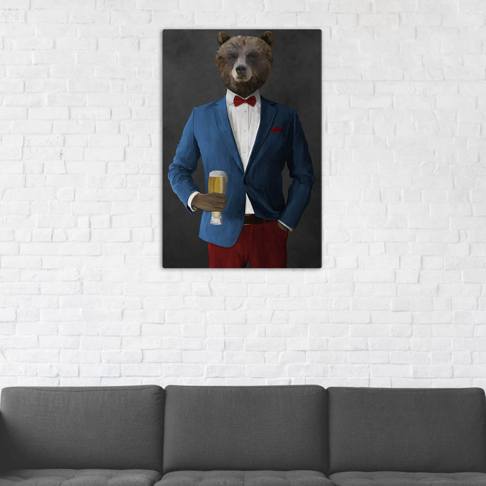 Grizzly Bear Drinking Beer Wall Art - Blue and Red Suit