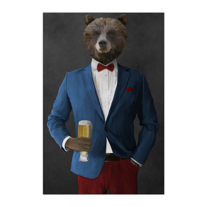 Grizzly Bear Drinking Beer Wall Art - Blue and Red Suit