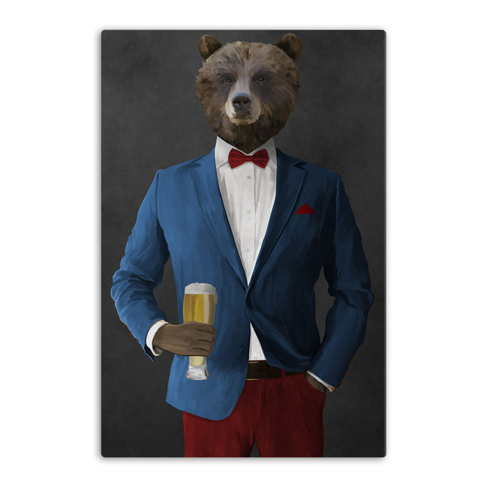 Grizzly Bear Drinking Beer Wall Art - Blue and Red Suit