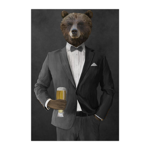 Grizzly Bear Drinking Beer Wall Art - Gray Suit