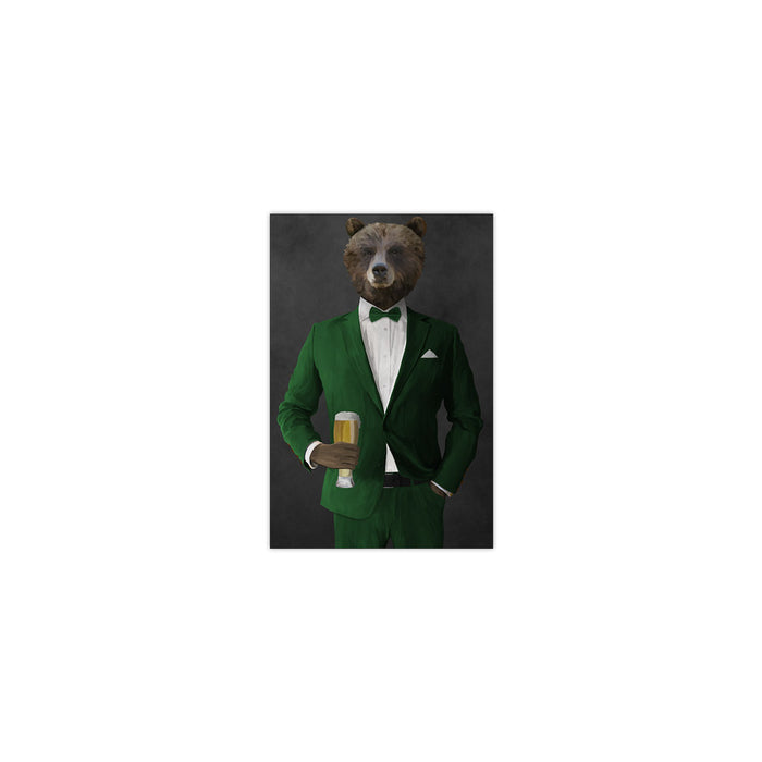 Grizzly Bear Drinking Beer Wall Art - Green Suit
