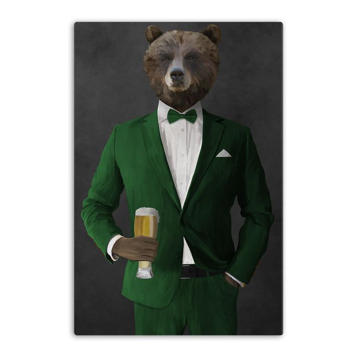 Grizzly Bear Drinking Beer Wall Art - Green Suit