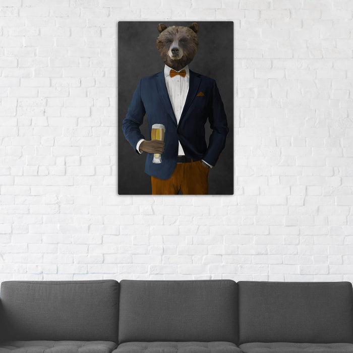 Grizzly Bear Drinking Beer Wall Art - Navy and Orange Suit