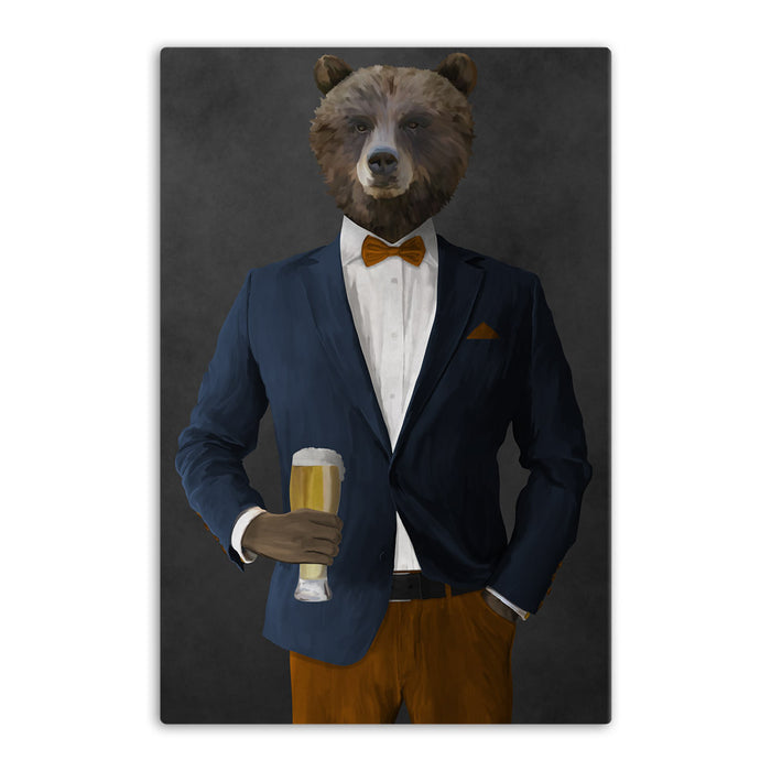Grizzly Bear Drinking Beer Wall Art - Navy and Orange Suit
