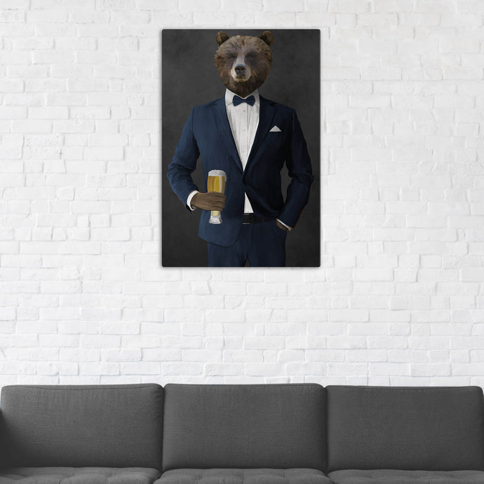 Grizzly Bear Drinking Beer Wall Art - Navy Suit