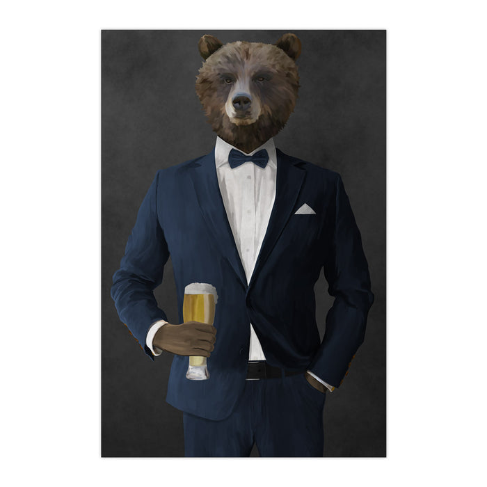 Grizzly Bear Drinking Beer Wall Art - Navy Suit