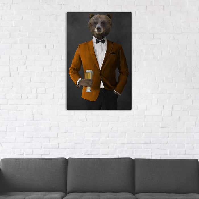 Grizzly Bear Drinking Beer Wall Art - Orange and Black Suit