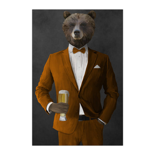 Grizzly Bear Drinking Beer Wall Art - Orange Suit