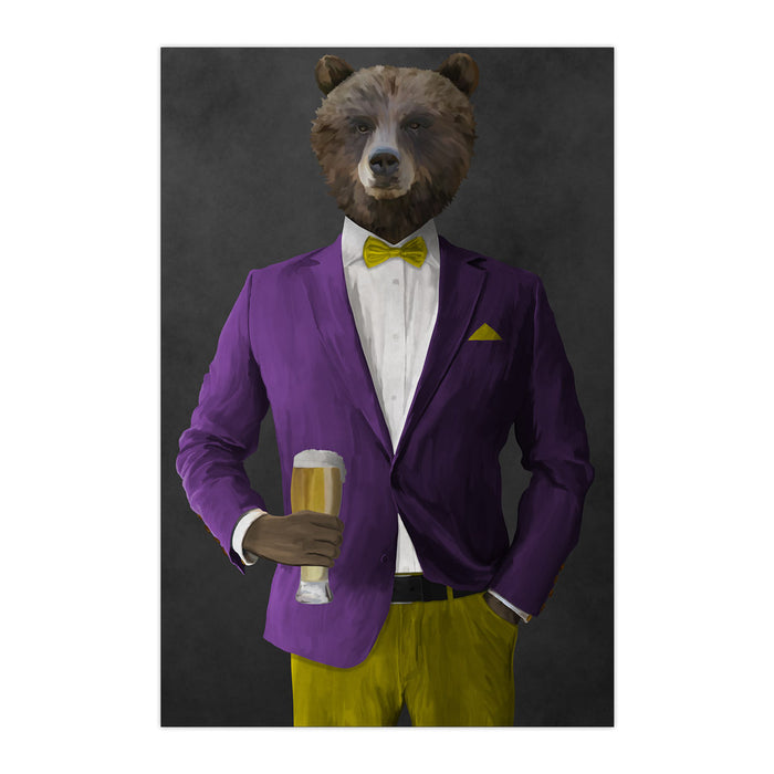 Grizzly Bear Drinking Beer Wall Art - Purple and Yellow Suit
