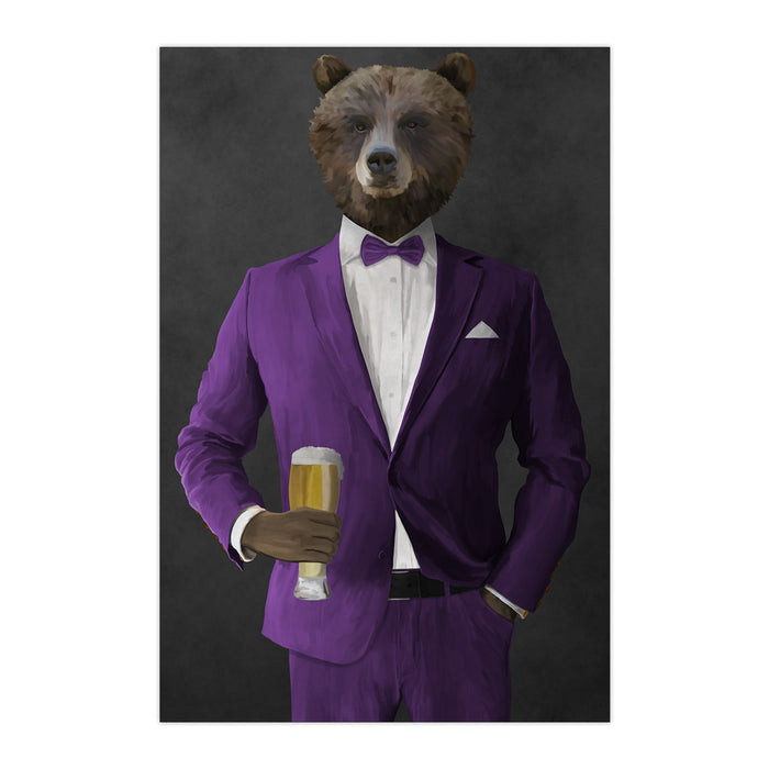 Grizzly Bear Drinking Beer Wall Art - Purple Suit