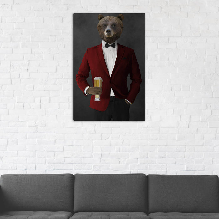 Grizzly Bear Drinking Beer Wall Art - Red and Black Suit