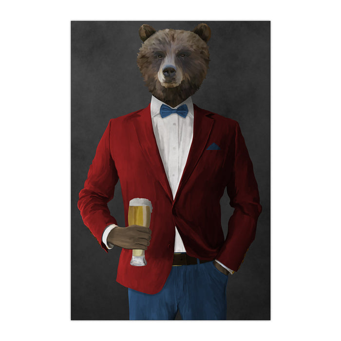 Grizzly Bear Drinking Beer Wall Art - Red and Blue Suit