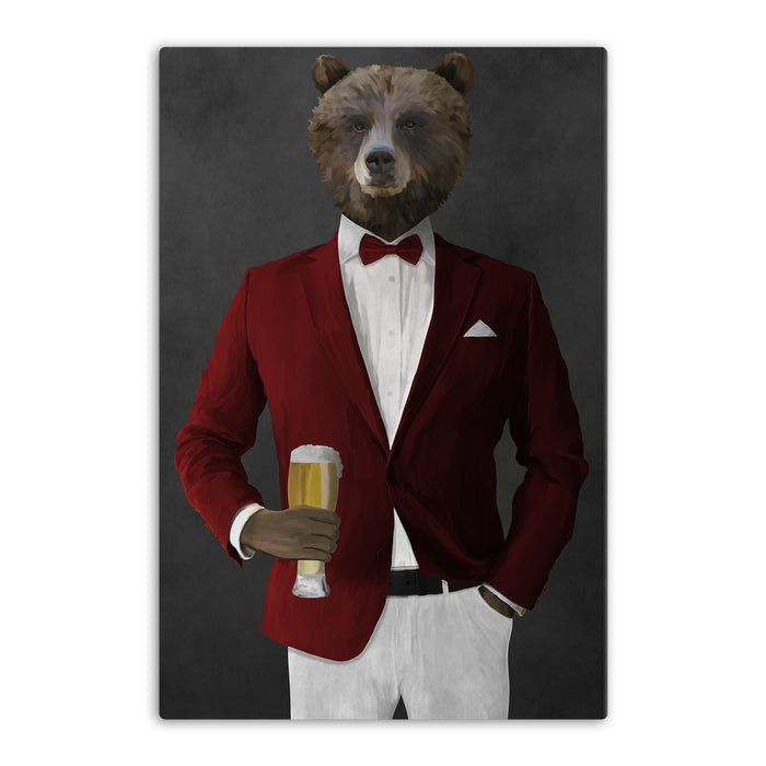 Grizzly Bear Drinking Beer Wall Art - Red and White Suit