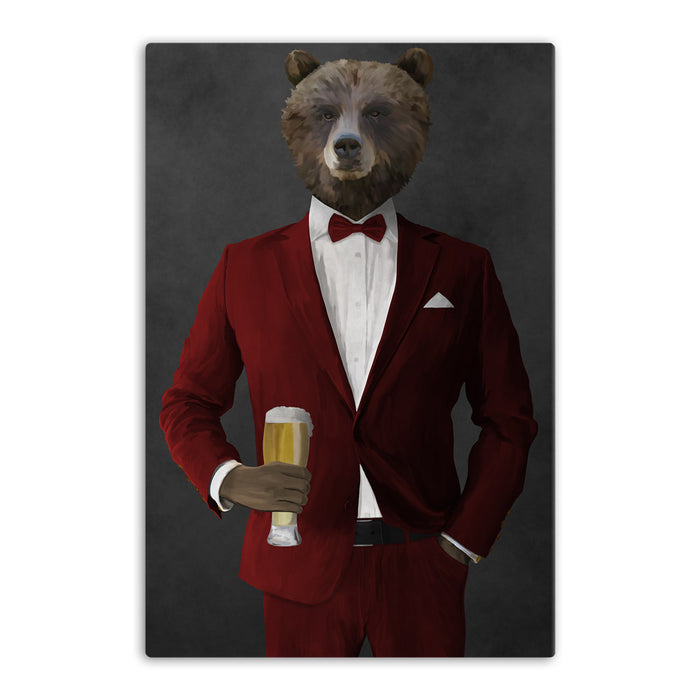 Grizzly Bear Drinking Beer Wall Art - Red Suit