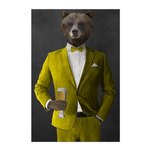 Grizzly Bear Drinking Beer Wall Art - Yellow Suit