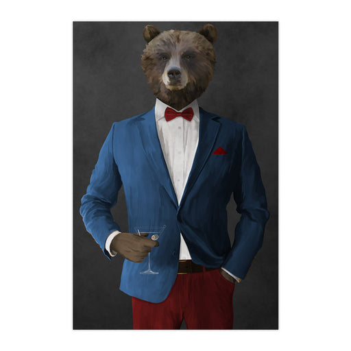 Grizzly Bear Drinking Martini Wall Art - Blue and Red Suit