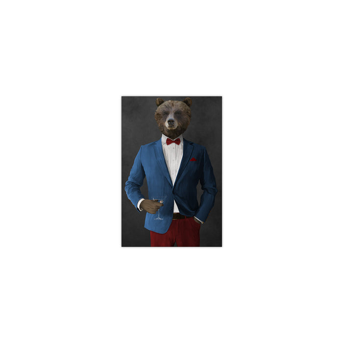 Grizzly Bear Drinking Martini Wall Art - Blue and Red Suit