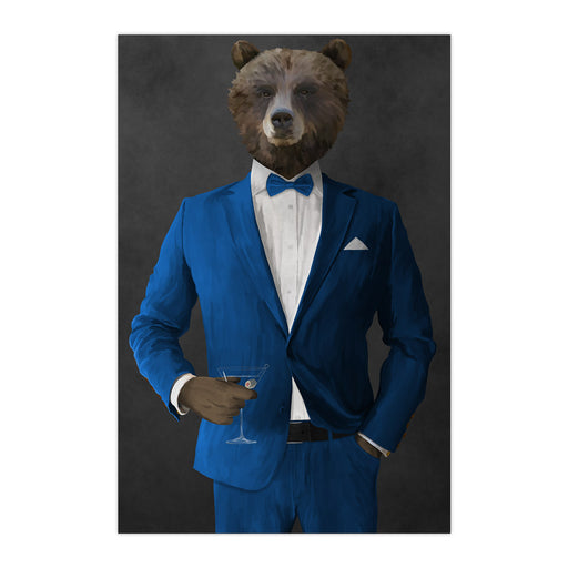 Grizzly Bear Drinking Martini Wall Art - Blue Suit