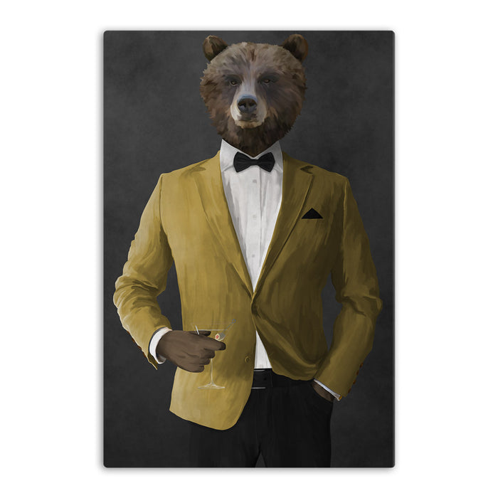 Grizzly Bear Drinking Martini Wall Art - Gold Suit