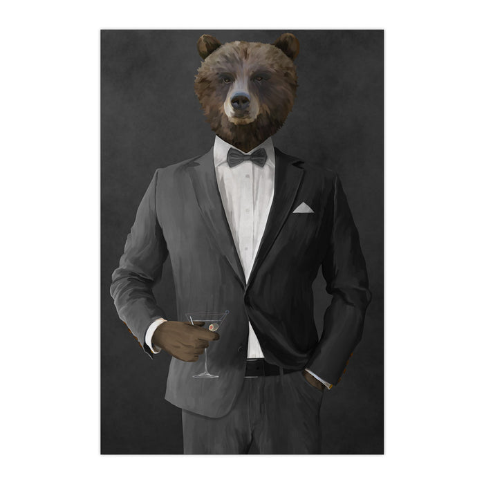 Grizzly Bear Drinking Martini Wall Art - Gray Suit