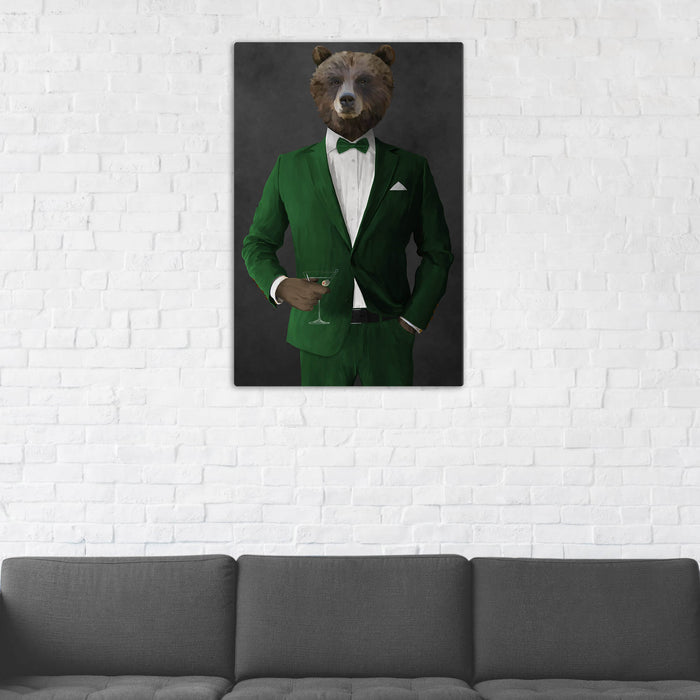 Grizzly Bear Drinking Martini Wall Art - Green Suit