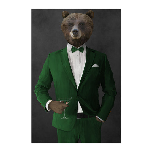 Grizzly Bear Drinking Martini Wall Art - Green Suit