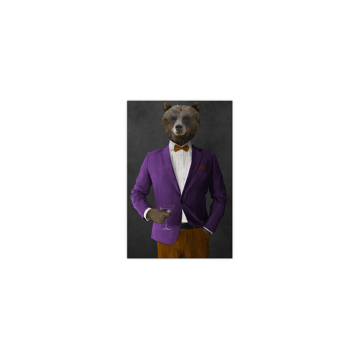 Grizzly Bear Drinking Martini Wall Art - Purple and Orange Suit