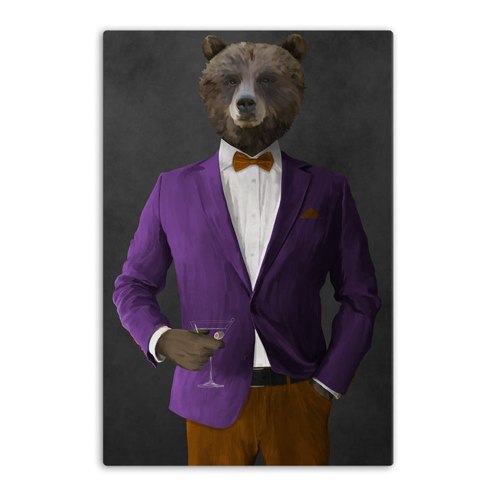 Grizzly Bear Drinking Martini Wall Art - Purple and Orange Suit