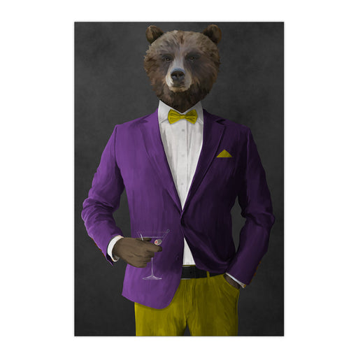 Grizzly Bear Drinking Martini Wall Art - Purple and Yellow Suit