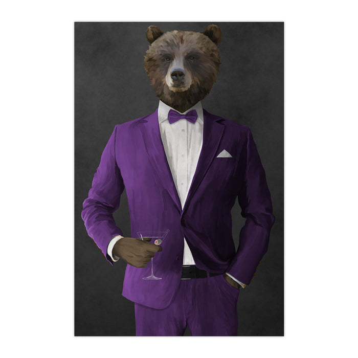 Grizzly Bear Drinking Martini Wall Art - Purple Suit