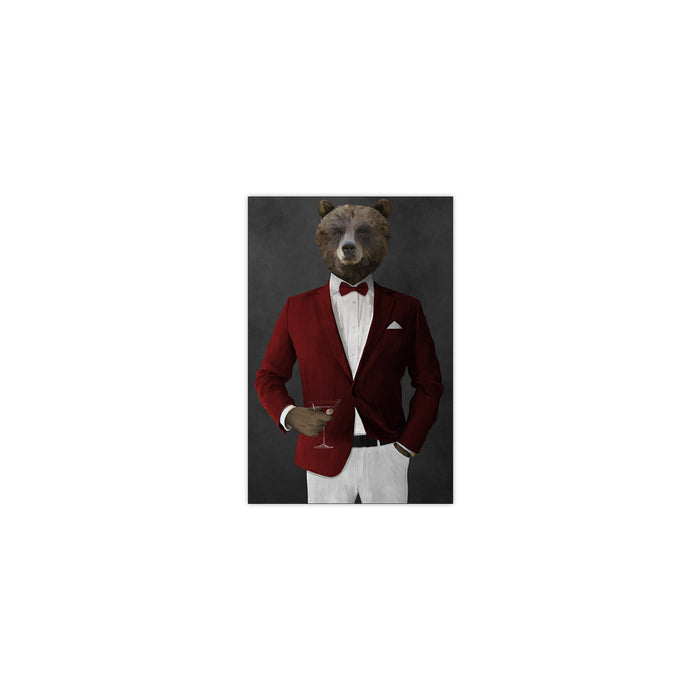 Grizzly Bear Drinking Martini Wall Art - Red and White Suit