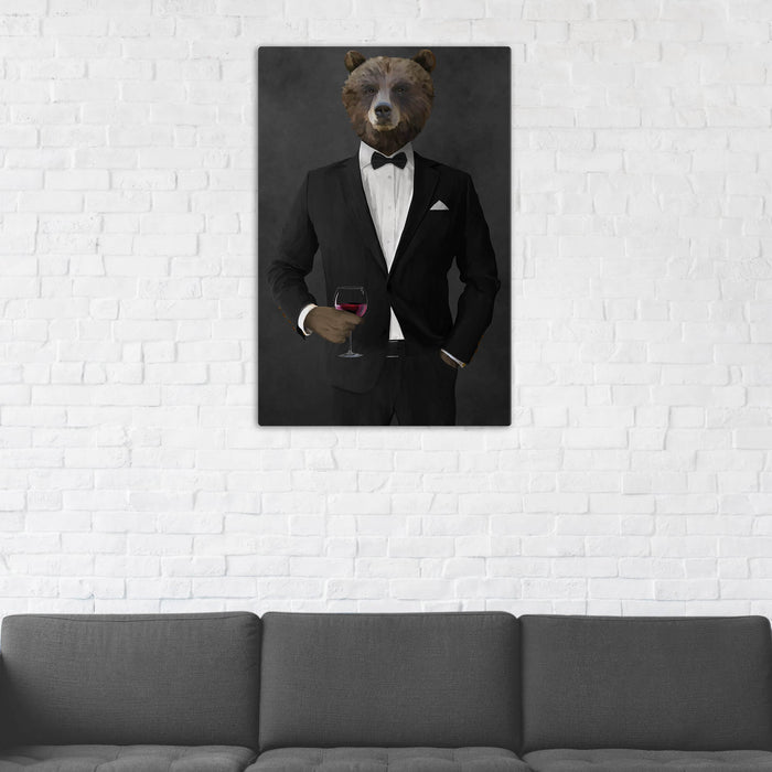 Grizzly Bear Drinking Red Wine Wall Art - Black Suit