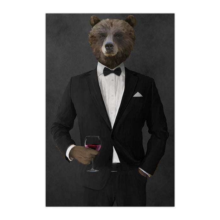 Grizzly Bear Drinking Red Wine Wall Art - Black Suit