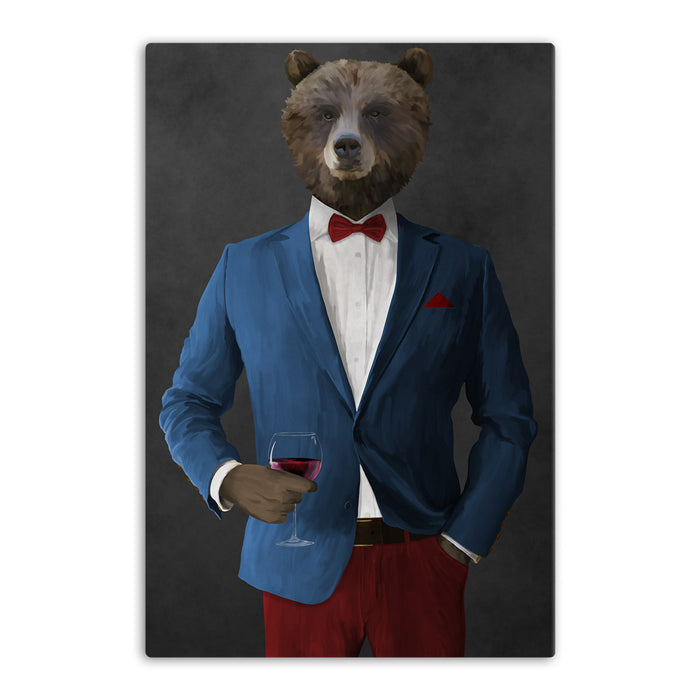 Grizzly Bear Drinking Red Wine Wall Art - Blue and Red Suit