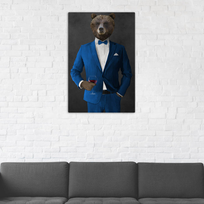 Grizzly Bear Drinking Red Wine Wall Art - Blue Suit