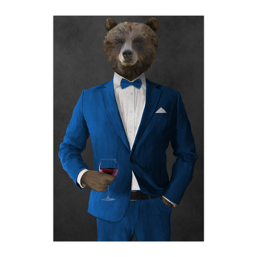 Grizzly Bear Drinking Red Wine Wall Art - Blue Suit