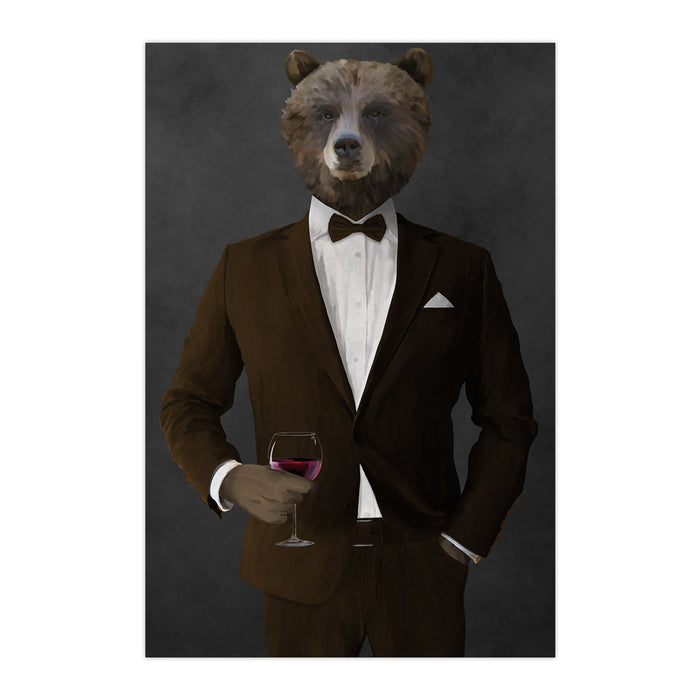 Grizzly Bear Drinking Red Wine Wall Art - Brown Suit