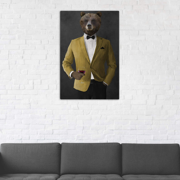 Grizzly Bear Drinking Red Wine Wall Art - Gold Suit