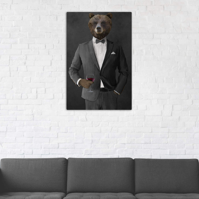 Grizzly Bear Drinking Red Wine Wall Art - Gray Suit
