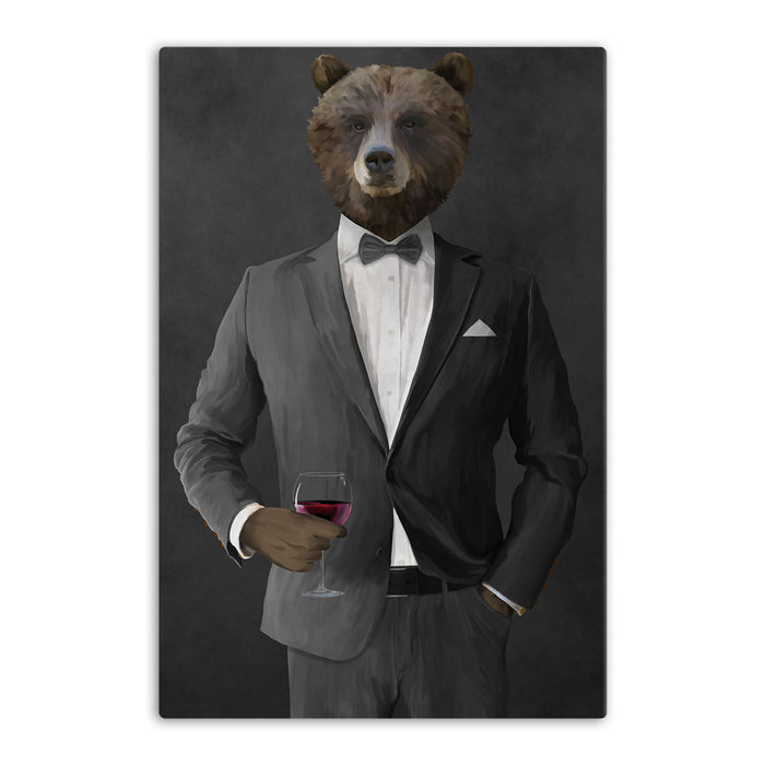 Grizzly Bear Drinking Red Wine Wall Art - Gray Suit