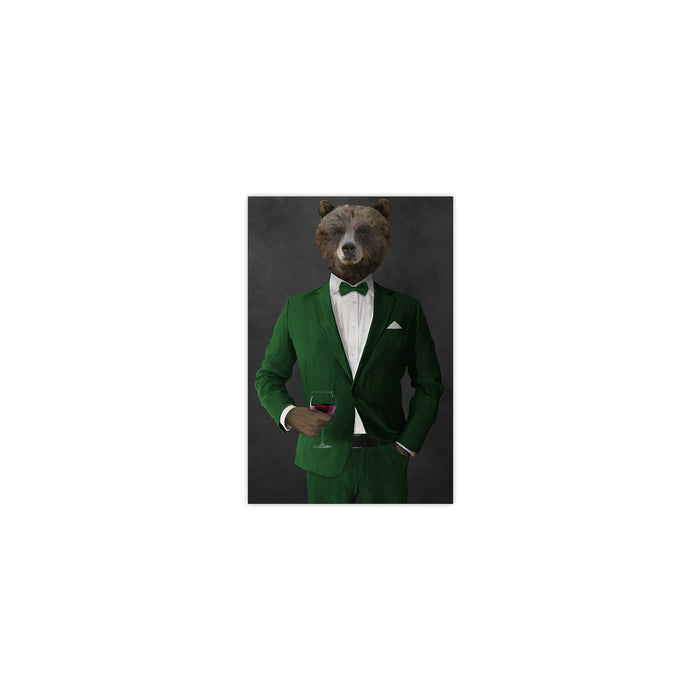 Grizzly Bear Drinking Red Wine Wall Art - Green Suit